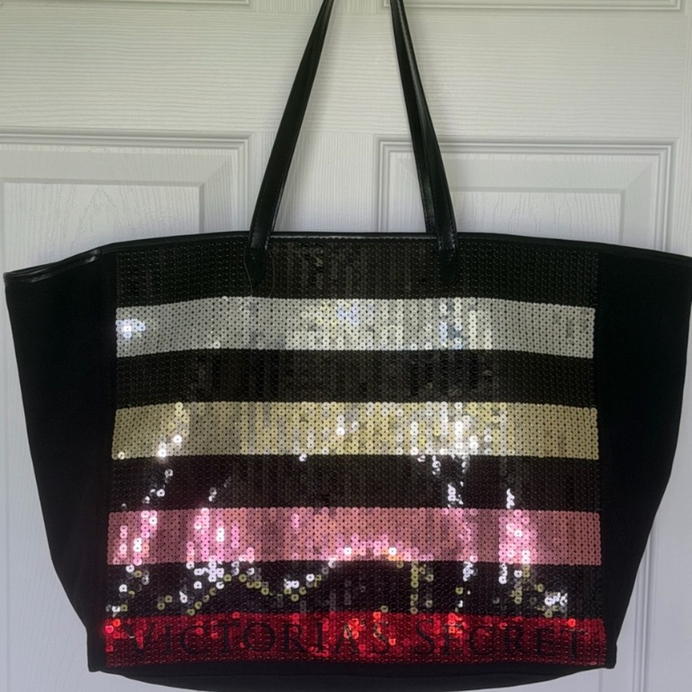 Victoria's Secret Black Tote with Silver, Cream & Pink Sequin Stripes - Picture 3 of 3